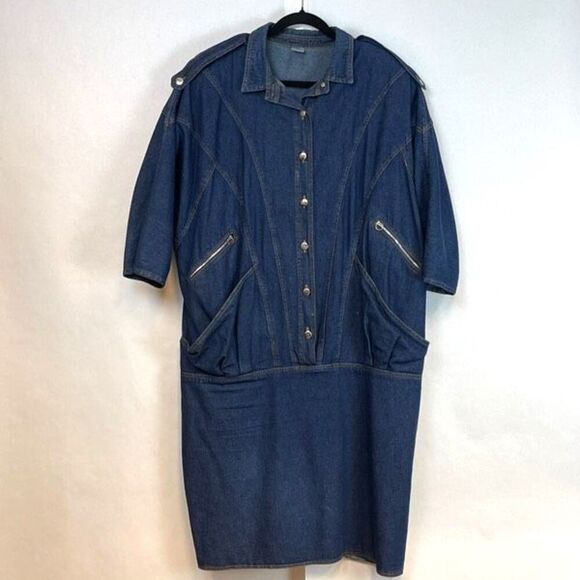Denim Dress Women's Size 16 Blue Button Front Dolman Sleeve Midi Medium Wash - Picture 1 of 15